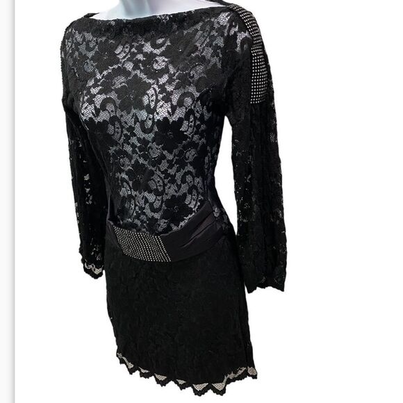 Sentimental NY By Sam Hourani Black Lace Dress With Rhinestone Tuxedo Belt Sz M - Picture 5 of 13